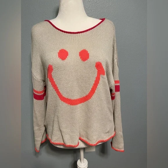 Natural Life Smiley Face Gray Knit Sweater Boho Cozy Oversized Pullover Medium - Picture 2 of 8